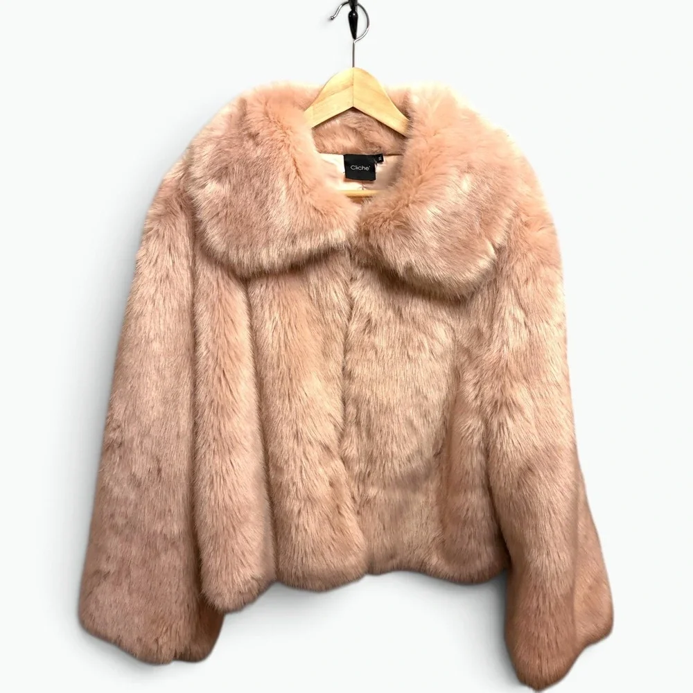 Cliche Pink Faux Fur Coat Coquette Glam Barbiecore XL Blush Winter Ski Bunny